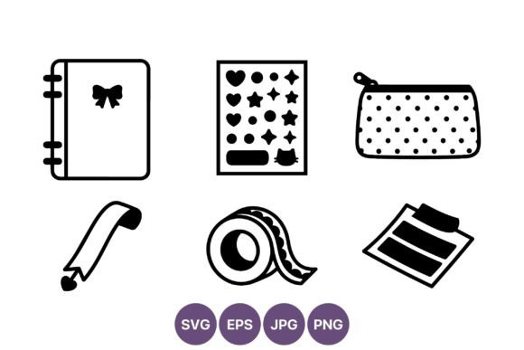 Black and White Stationery Icon Set Flat: Graphics & Illustrations