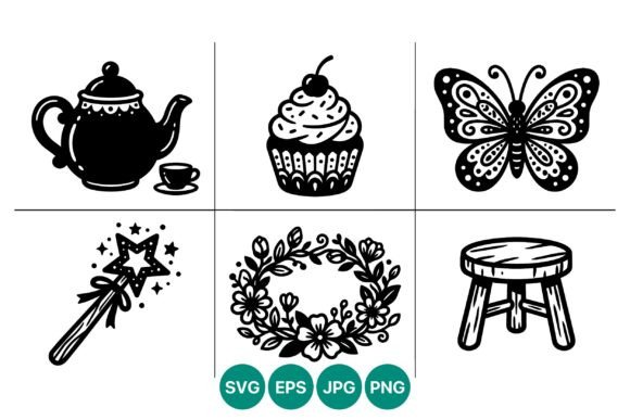 Black and White Teapot Cup Cupcake Graphics