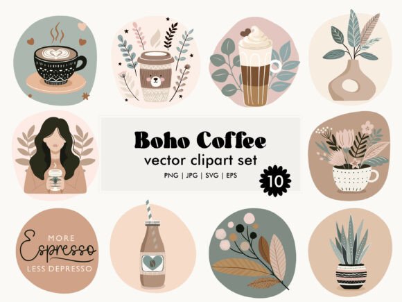 Boho Coffee Vector Clipart Set: Graphics & Illustrations for Warm Branding