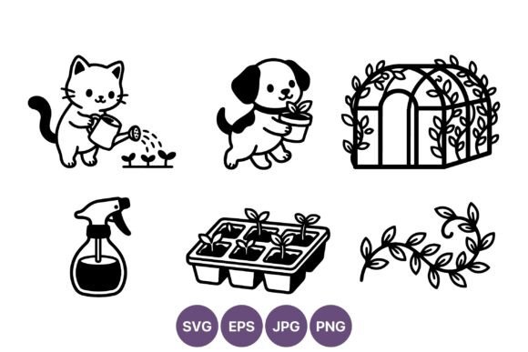 Cat and Dog Gardening Line Art Vector: Graphics & Illustrations