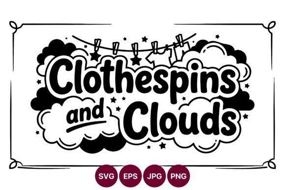 Clothes Pins and Clouds Line Art Vector: Graphics & Illustrations
