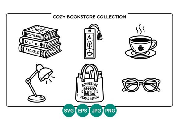Cozy Bookstore Vector Line Art Set: Graphics & Illustrations