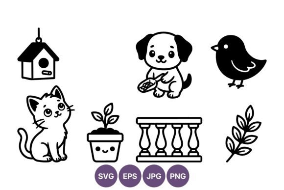 Cute Kitten Dog Bird Line Art Icons: Graphics & Illustrations