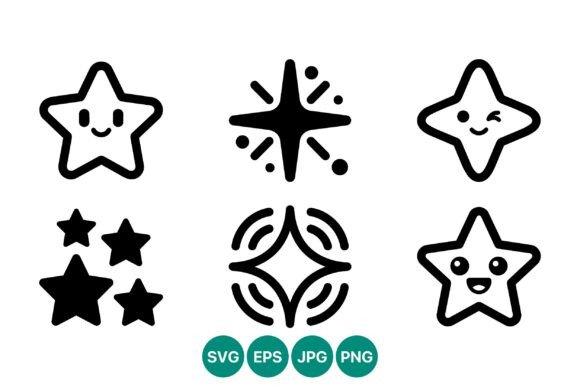 Cute Star Faces Black Line Icons: Graphics & Illustrations