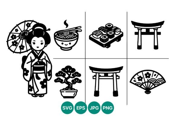 Japanese Culture Icons Black White Graphics & Illustrations