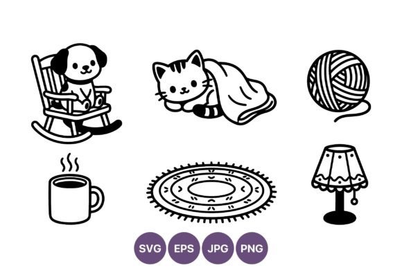 Sleeping Cat and Dog Cozy Home Line Art: Graphics & Illustrations