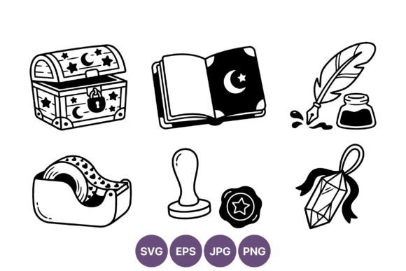 Stars Moon Magic Chest Book Quill Vector Graphics
